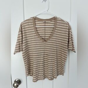 Faherty Oceanside 100% Linen V-neck Striped Women's S Tan Cream Relaxed Fit